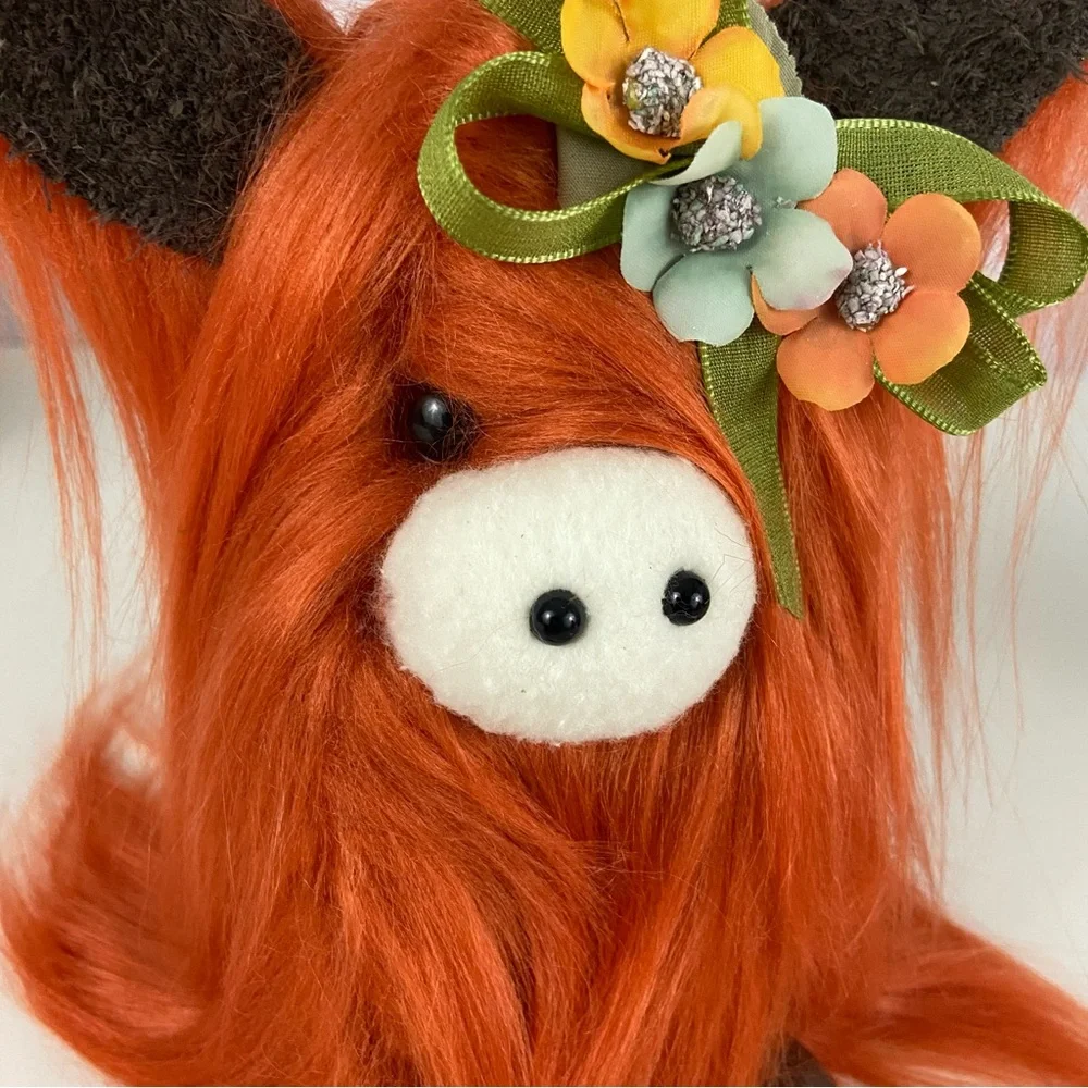 Handmade Highland Cow Rust Faux Fur Leather Ears Clay Hooves Horns Floral Bow - Picture 12 of 13